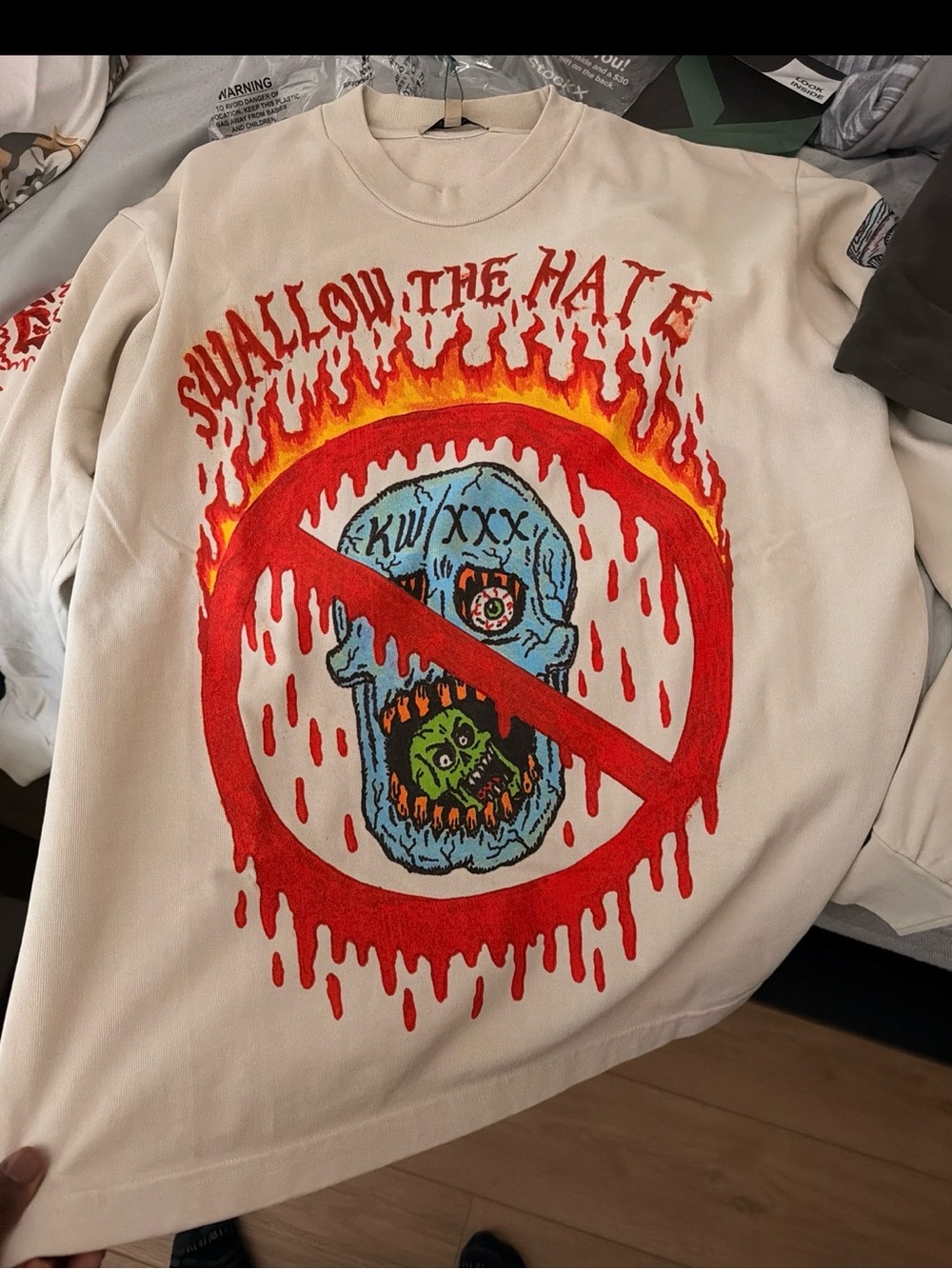 Graphic Long Sleeve Tee - White "Swallow The Hate"